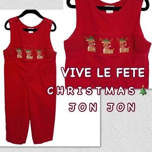 Vive La Fete Red Corduroy Christmas Reindeer Embroidered Holiday Jon Jon Size 4T